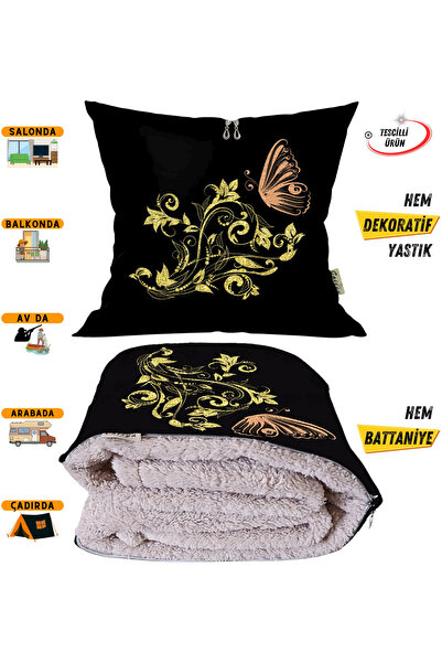 CAİSYA بطانية تلفزيون بنمط الفراشة الزهرية مع وسادة زخرفية اختيارية 2 في 1