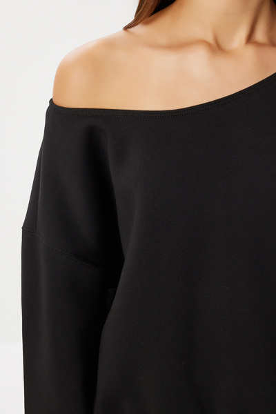 Lovelyİstanbul Πλεκτό φούτερ με ανοιχτό ώμο επένδυση fleece LAN0076 ΜΑΥΡΟ