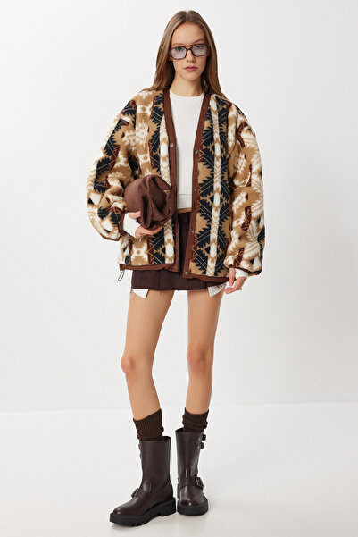 Lovelyİstanbul supradimensionat Palton din pluș cu modele etnice LCI0046 NEGRU BEJ