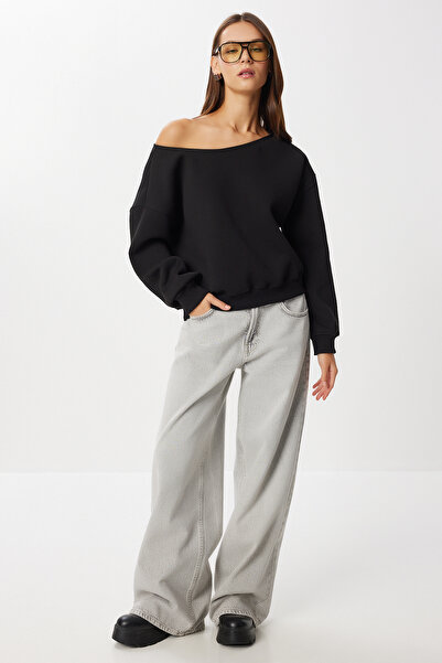 Lovelyİstanbul Πλεκτό φούτερ με ανοιχτό ώμο επένδυση fleece LAN0076 ΜΑΥΡΟ