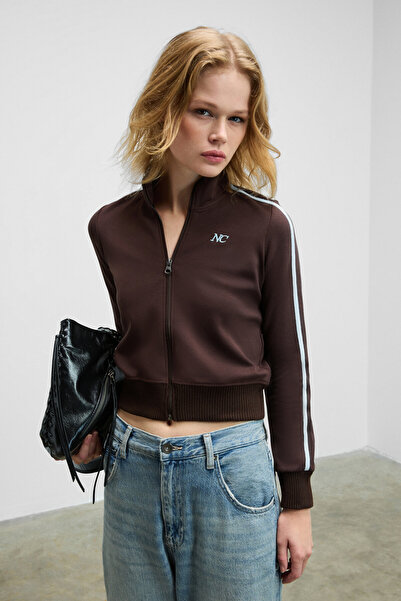 GRIMELANGE Repeta Women's Mock Neck Pack Embroidery Detailed Zippered Slim Fit Brown Jacket