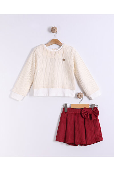 Serkon BABY 3 Piece Girls' Set with Velvet Shorts Skirt and Lace Top Detail