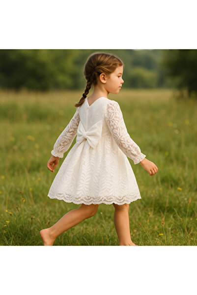 2kids2mom Rochie pentru fetiță, cu mâneci lungi, cu dantelă, cu detaliu de dantelă, cu legături la spate, pentru sărbători și ocazii speciale