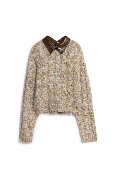 Twist Raw Edge Sweater with Contrast Collar