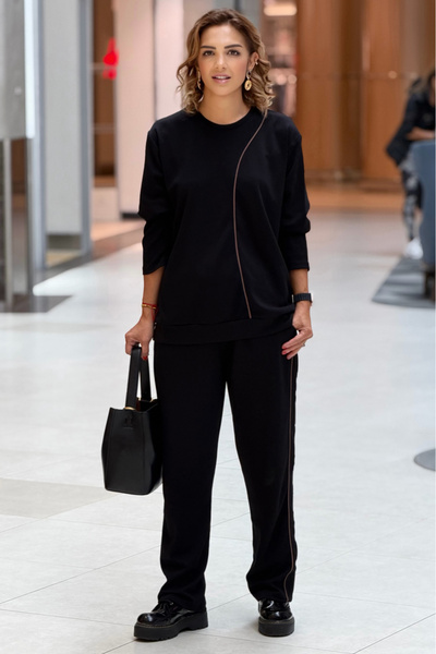 Nevin Kaya Moda Black Coffee Striped Pants Blouse Two Piece Set