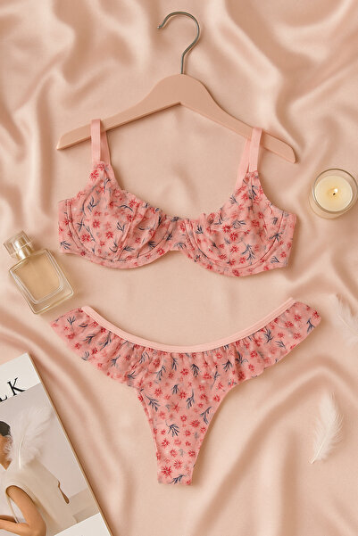 İntive Lingerie Powder Floral Patterned Ruffled Tulle Bra Panty Set