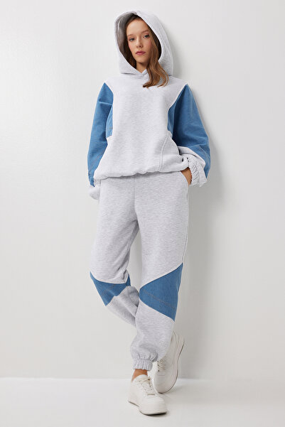 Lovelyİstanbul Blok Denimli Alt-Üst Takım LFG0168 AÇIK GRİ