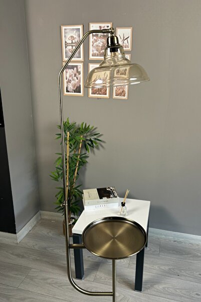 Bamyum Vishi Bal Rengi Cam Tepsili Lambader Eskitme Gövde Modern Dekoratif Metal Zemin Lambası