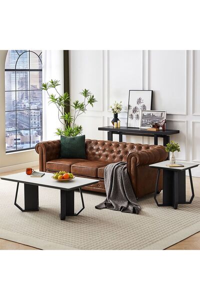 Danube Home طاولة قهوة إيفرسون ذات سطح حجري - بيج/أسود مطفي، سيراميك وفولاذ، أثاث غرفة معيشة عصري