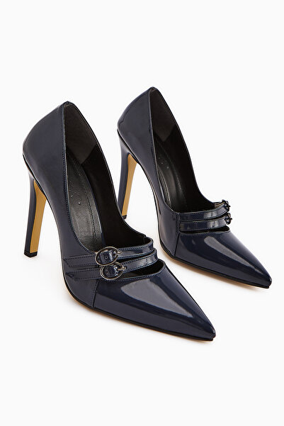 Limoya Blanka Navy Blue Patent Leather Double Buckle Stiletto Women's Heeled Shoes