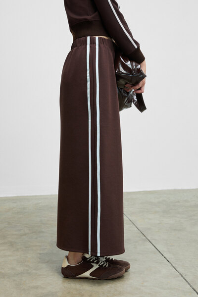 GRIMELANGE Veralia Women's Regular Fit Brown Skirt with Contrast Color Panels on the Sides