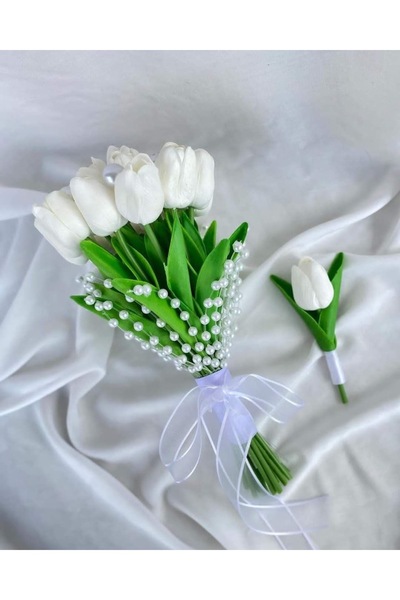 Diana Accessory Islak Lale Buket’i Yaka Çiçeği Dahil 11+1 Adet Sararmaz İnci ...