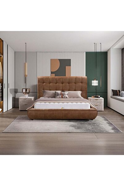 Danube Home Aragon 180x200 King Bed - Caramel Fabric Platform Bed with Foam S...