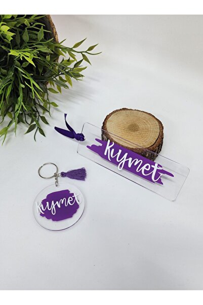happy mountains İsme Özel Kişiye Özel Mor Detaylı Pleksi Kitap Ayracı ve Anah...