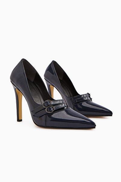Limoya Blanka Navy Blue Patent Leather Double Buckle Stiletto Women's Heeled Shoes