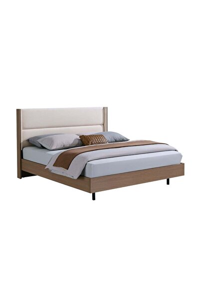 Danube Home Allison 180x200 Floating King Bed with LED - Beige & Natural Oak, Fabric, 2-Year Warranty