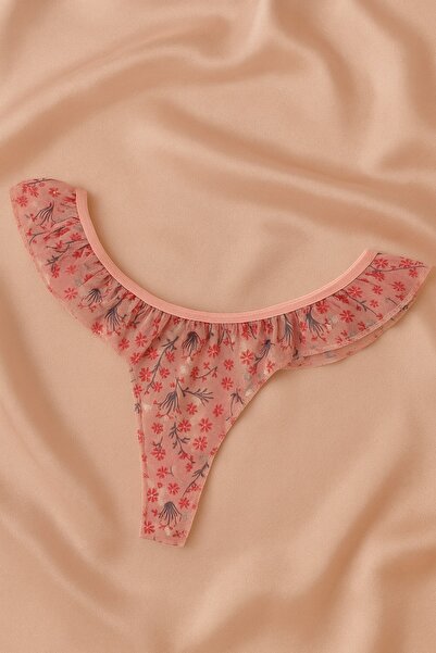 İntive Lingerie Powder Floral Patterned Ruffled Tulle Bra Panty Set