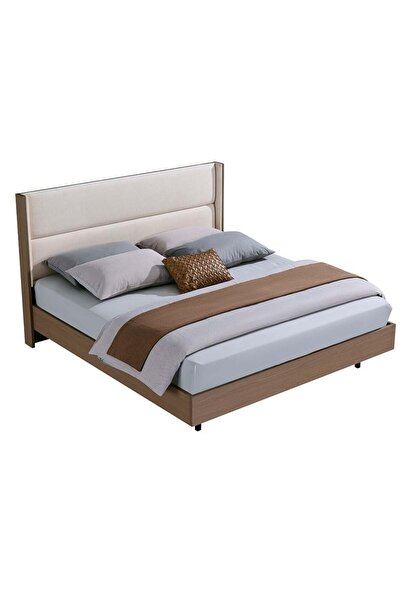Danube Home Allison 180x200 Floating King Bed with LED - Beige & Natural Oak, Fabric, 2-Year Warranty