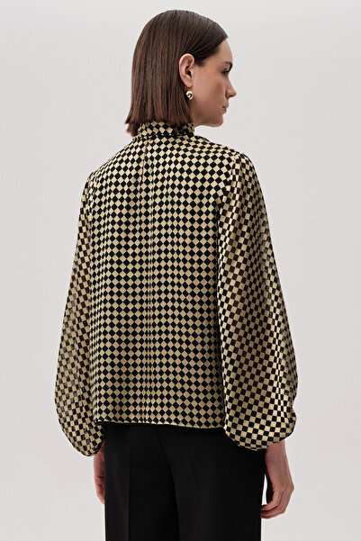 Exquise Patterned Balloon Sleeve Tie-Up Gold Black Blouse