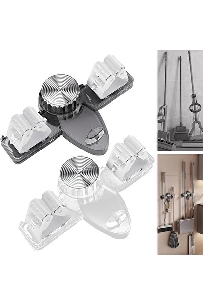 Lumely حامل مكنسة وممسحة من قطعتين، حامل ممسحة على الحائط بكوب شفط، منظم لا يحتاج إلى ثقب، أبيض + رمادي