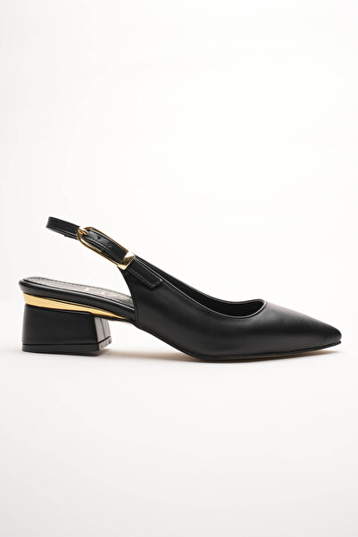 Lizzu Women's Gold Detailed Heeled Shoes Vorina Black Skin