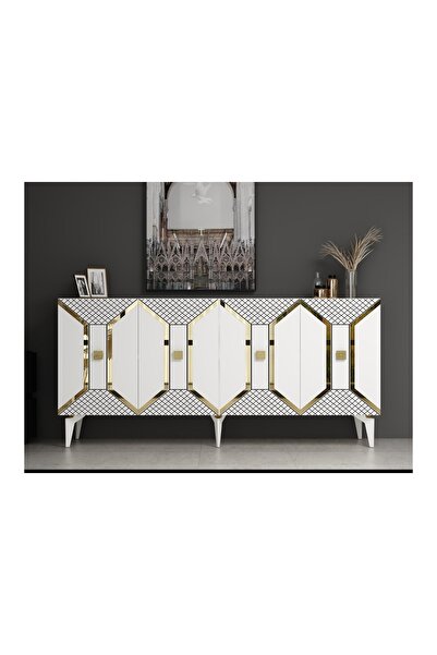 Vivense YUMMEDİ PLEKSİ DESENLİ LAZER ÇİZGİLİ KONSOL, BEYAZ ALTIN