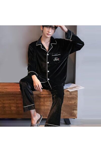 Margoun Men Pyjamas Set Nightwear Two-Pieces Velvet Sleepwear Shirt Pants MG16 -Black