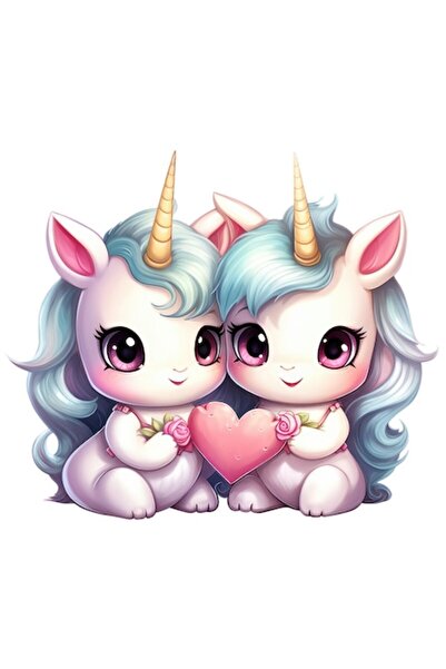 OEM Autocolant cu 2 unicorni care țin o inimă, bordură albă, vinil PVC, 10 cm