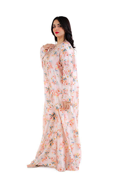 amaan Women's Floral Satin Jalabiya, Crystal Embroidered Long Sleeve Maxi Dress, Modern Arabic style