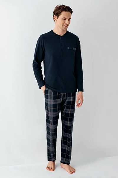 Arnetta 100% бавовна, комір на ґудзиках, картатий візерунок, великий розмір, довгі рукави, чоловічий піжамний комплект