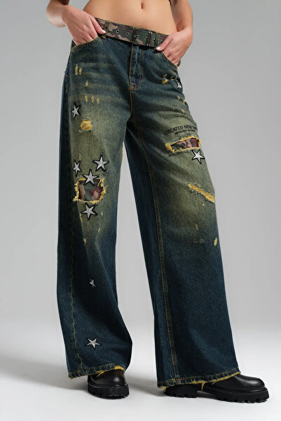 its basic tw3 Jean Yıldız Arma Detaylı Kamuflaj Kemerli Kadın Palazzo Jean