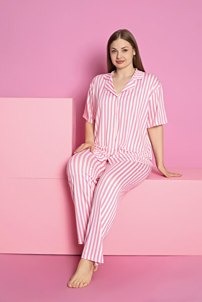 rindahomewear Plus Size Mi̇lan Buttoned Short Sleeve Pajama Set