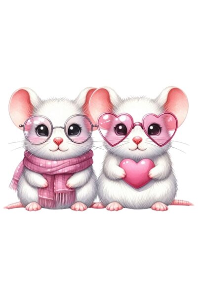 OEM Sticker with 2 mice illustration, heart, Valentine's Day, glasses & scarf, white margins, PVC vinyl