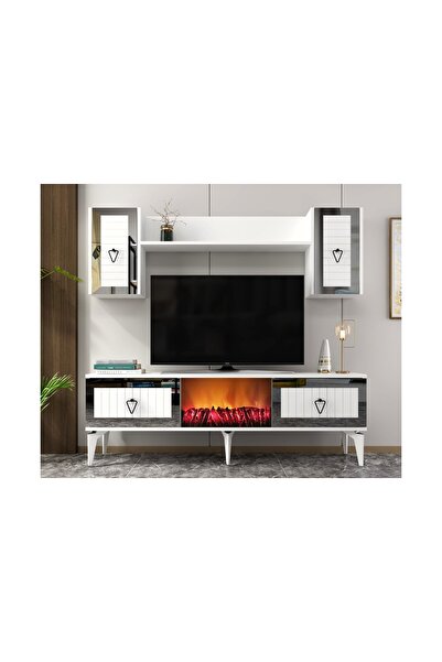 Vivense LİİNDA TV ÜNİTESİ ŞÖMİNELİ TAKIM, BEYAZ GÜMÜŞ, 150 CM