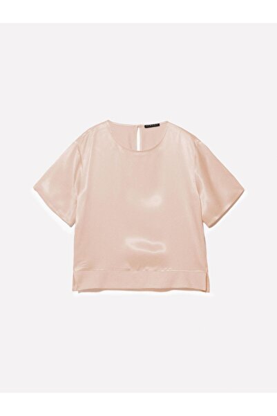 Sisley Women's 100% Viscose Hem Ribbed Slit Wide Neckline Satin Blouse 325P52Bzlq075-Sis104