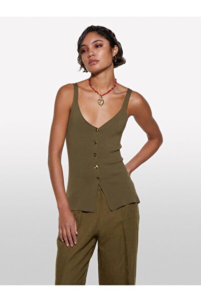 Sisley Women's 100% Viscose Front Buttoned V-Neck Slim Fit Blouse 325P1084Mh00G-Sis1C2