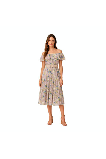 PRİNCESS Elegant Women's Short Sleeve Floral Purple Dress with Belt
