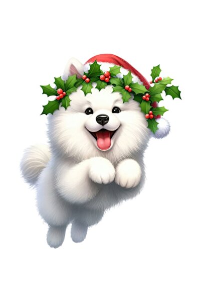 OEM PVC винилов стикер – Пухкаво кученце в коледна шапка с бяла рамка, 10 см