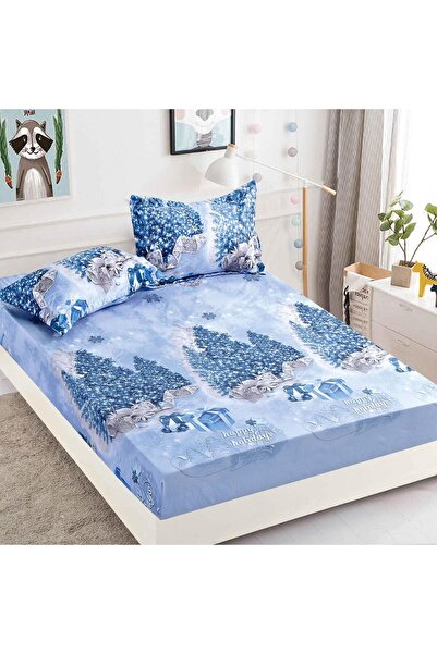 CHIRASO Set Husă de Pat CHIRASO, Tematică Crăciun, FINET, ELASTIC 180x200cm și 2 Fețe Pernă, Braduți