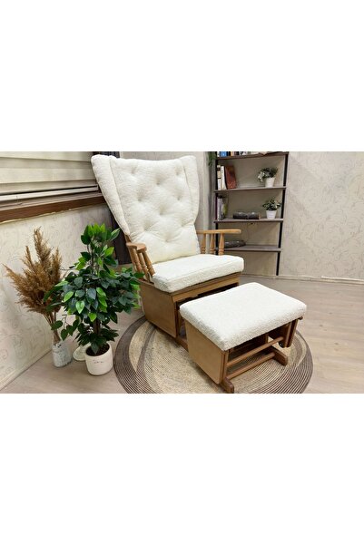 Vivense ASEDİA MAMA PUFLU SALLANAN SANDALYE, TEDDY KREM, NATUREL AHŞAP AYAK