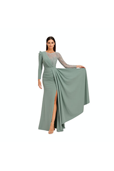 PRİNCESS فستان أخضر فاتح رسمي بكتف واحد وتطريز فضي