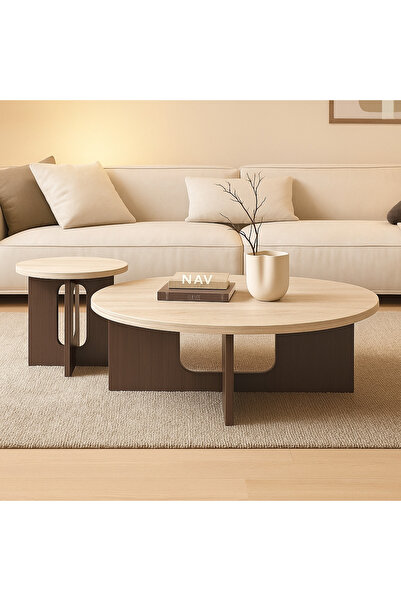 Mimore Modern 2’li Oval Orta Sehpa Seti – Traverten ve Ceviz Görünümlü MDF, Minimal Tasarım Salon Sehpası