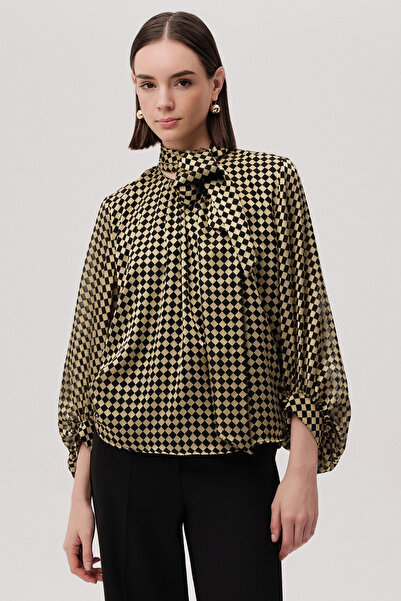 Exquise Patterned Balloon Sleeve Tie-Up Gold Black Blouse