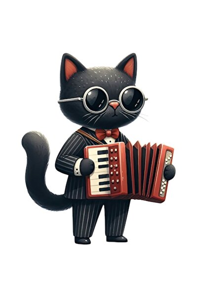 OEM Autocolant pisică neagră cântând la acordeon, vinil PVC, bordură albă, 10 cm