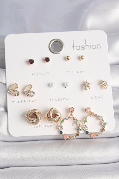 Skygo طقم أقراط نسائي من حجر الزركون الذهبي الملون بتفاصيل قلب مكون من 7 أزوا...