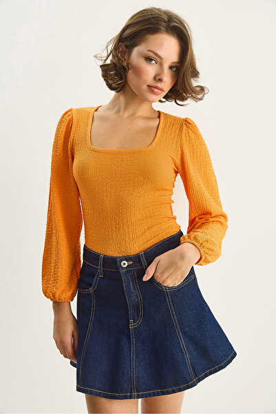 Bianco Lucci Kadın Kare Yaka Uzun Kollu Gofre Bluz 0442 60283694