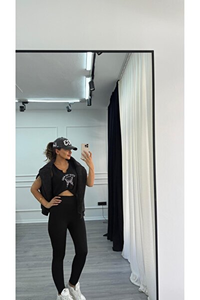 Daves Fitilli Yüksek Bel Dikişsiz Örme Fitilli Tayt-Siyah