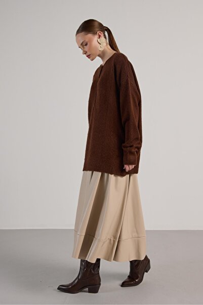 minaaise Women's coffee brown button-down Oversized soft knit sweater 30031