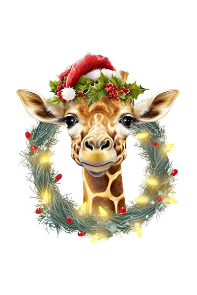 OEM Autocolant girafă cu pălărie de Crăciun, ilustrație, bordură albă, vinil ...