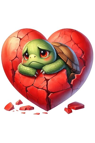 OEM Sad Little Turtle Sticker with Broken Heart, White Edges, PVC Vinyl 10 cm